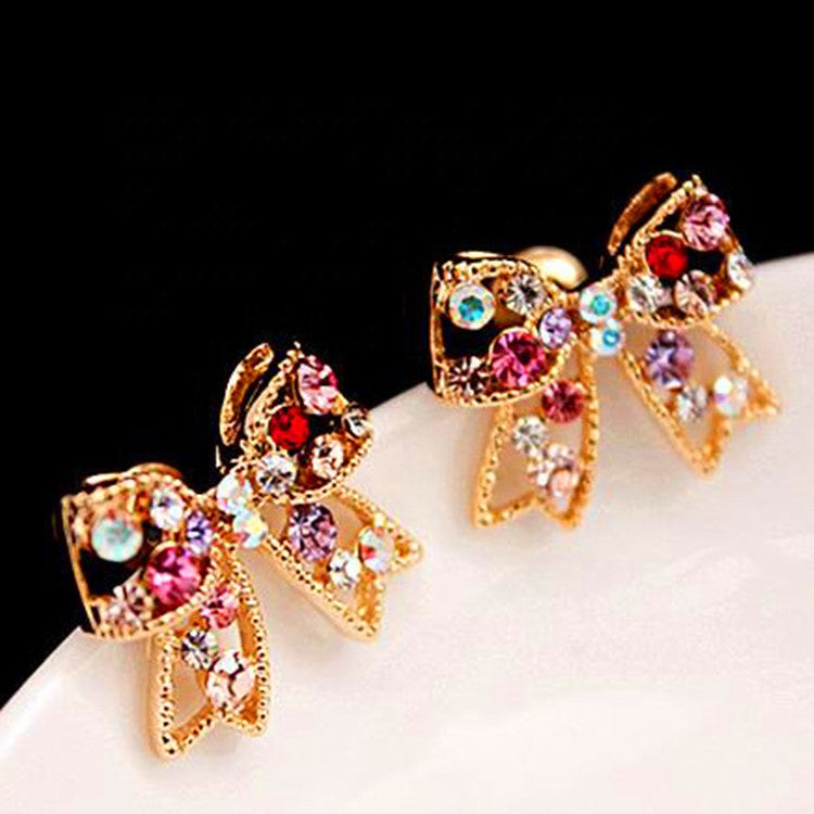 Fashion Stud Earrings Multicolor Crystal Rhinestone Cute Butterfly Knot Earrings for Women