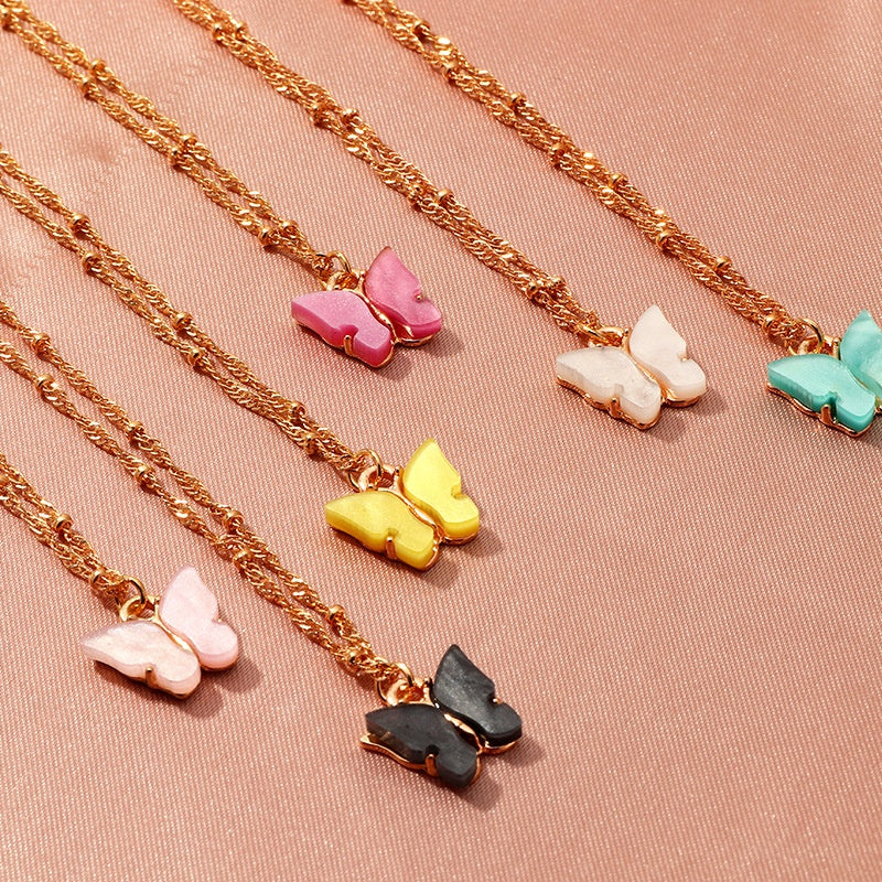 6 colors available fashion trendy resin acrylic pendant butterfly with beads chain necklace jewelry women