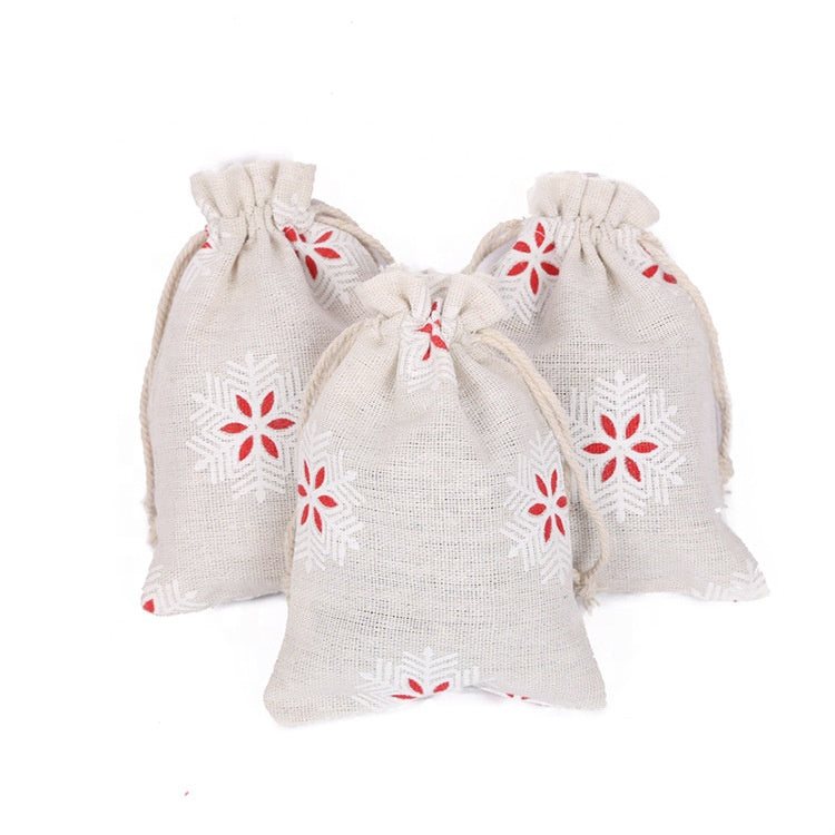 Wholesale wedding party gift holiday bunch pocket candy snowflake cotton linen jewelry pouch jute sack drawstring hemp bag