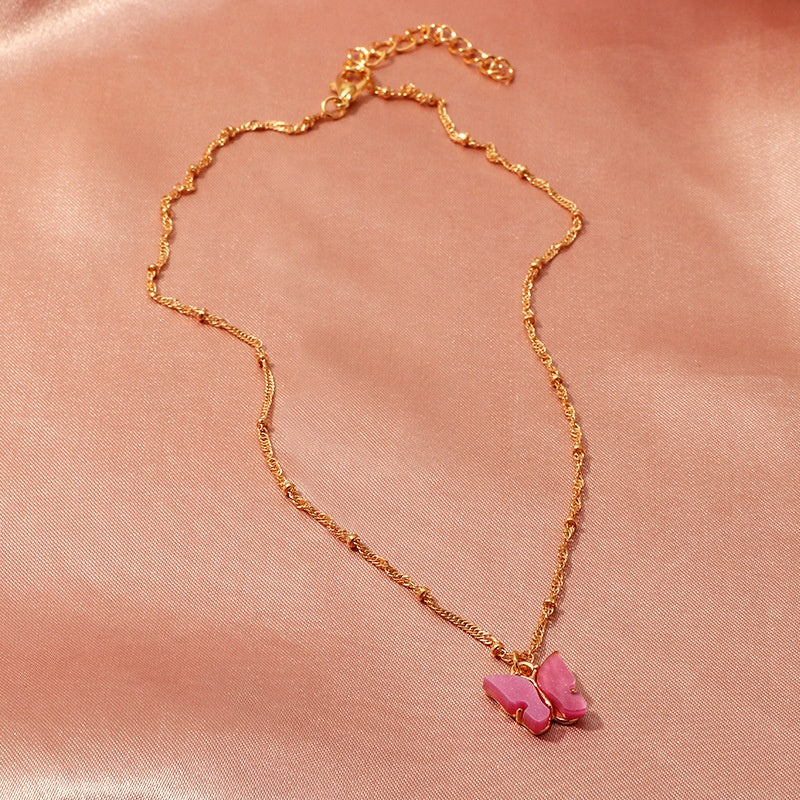 6 colors available fashion trendy resin acrylic pendant butterfly with beads chain necklace jewelry women
