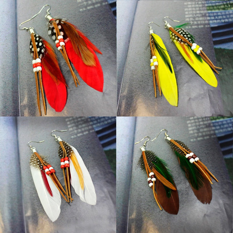 Vintage Ethnic Rainbow beads Feather Beaded Dangle Long Drop Earrings for Women Female Boho Alloy Jewelry Accessories