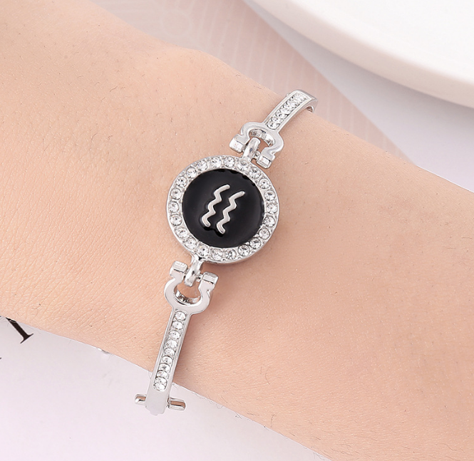 wholesale cubic zirconia diamond beads paving brass bangle 12 zodiac sings charm chain bracelet women adjustable