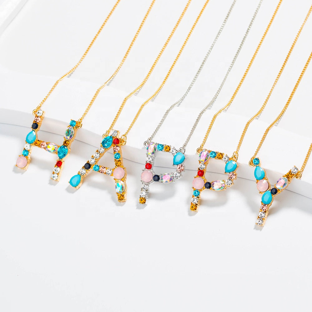 Bohemian Alloy Rainbow Necklace Jewelry Color Zircon Crystal Rhinestone Alphabet Initial Letter Gold Name Necklace for Mom women girls