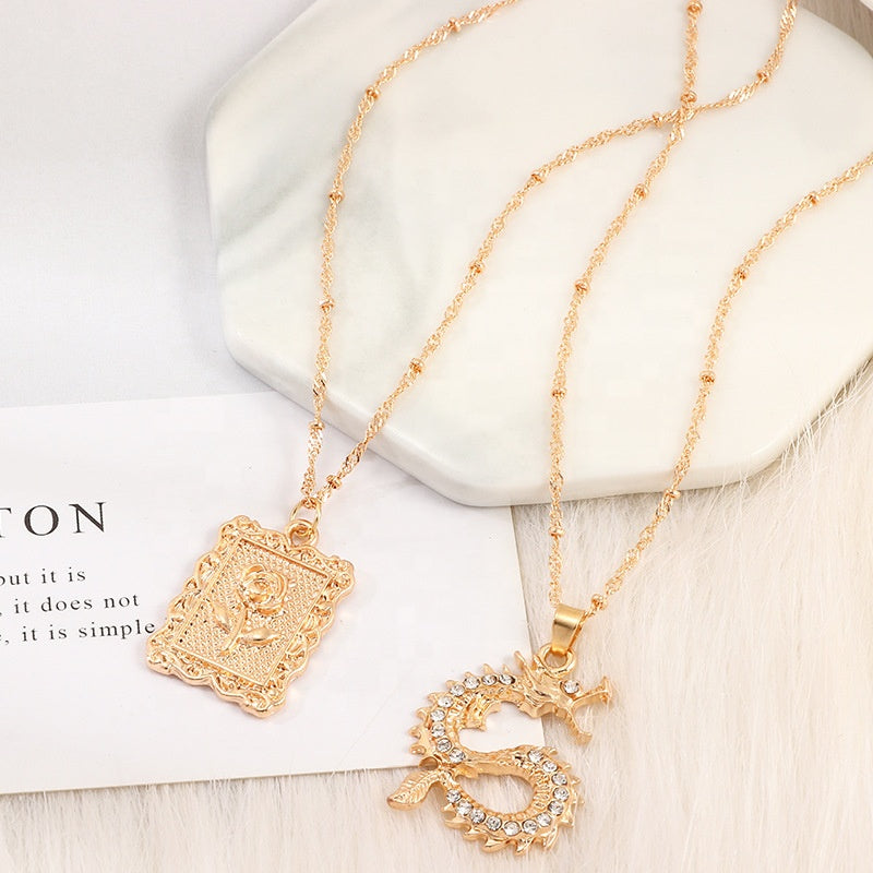 Vintage Alloy Jewelry Necklace Animal Crystal Rhinestone Rose Coin Pendant Multi layered Zodiac Gold Dragon Necklace