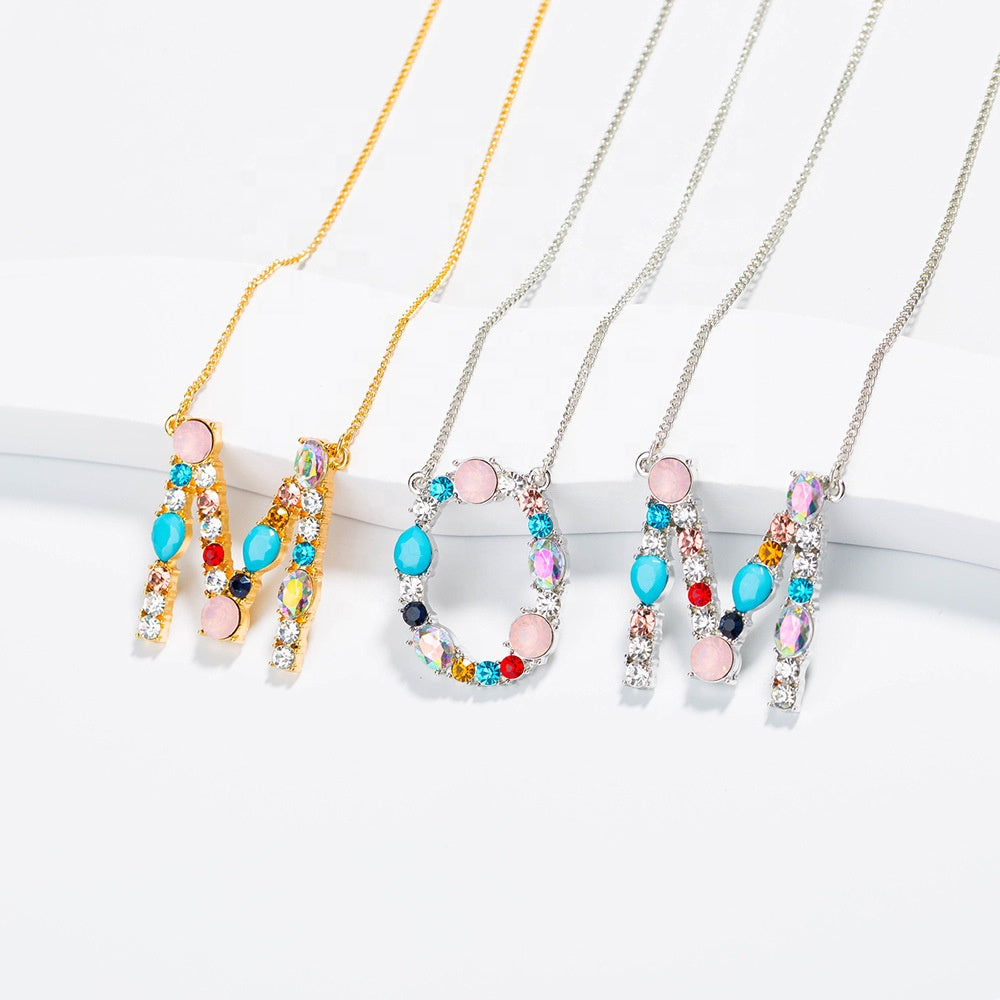 Bohemian Alloy Rainbow Necklace Jewelry Color Zircon Crystal Rhinestone Alphabet Initial Letter Gold Name Necklace for Mom women girls