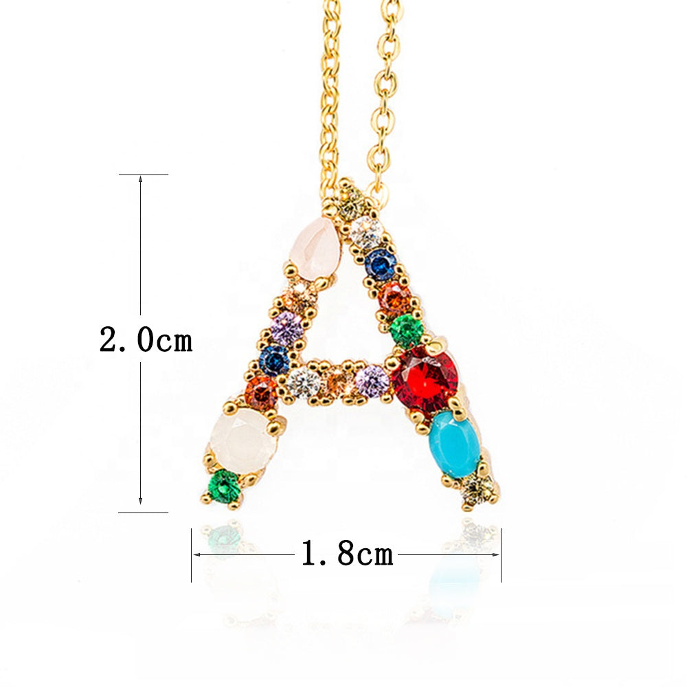 Bohemian Alloy Rainbow Necklace Jewelry Color Zircon Crystal Rhinestone Alphabet Initial Letter Gold Name Necklace for Mom women girls