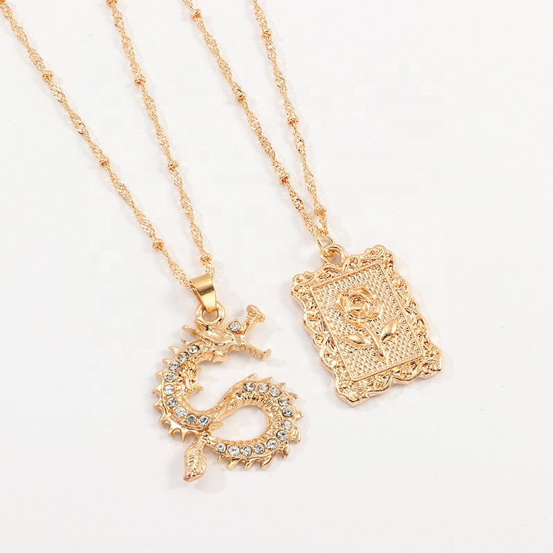 Vintage Alloy Jewelry Necklace Animal Crystal Rhinestone Rose Coin Pendant Multi layered Zodiac Gold Dragon Necklace