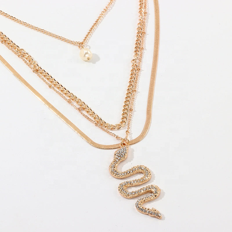 Vintage Chinese Style Alloy Snake Animal Necklace Pearl Crystal Rhinestone Beads Paving Snake Layered Zodiac Snake Necklace