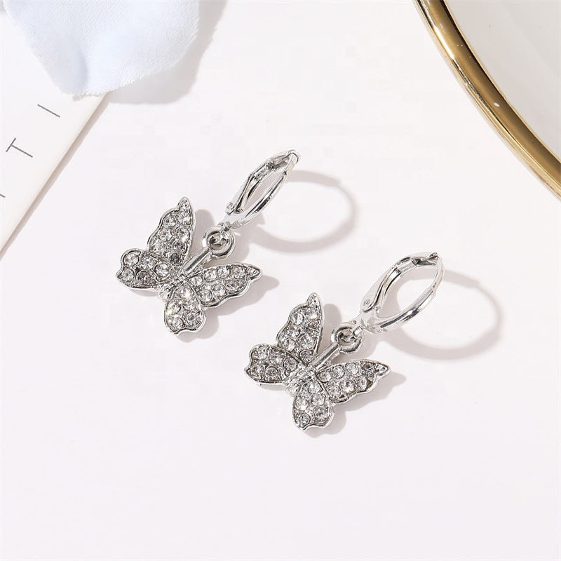 Korea trendy fashion crystal rhinestone butterfly earring jewelry gold color butterfly huggie hoop earrings