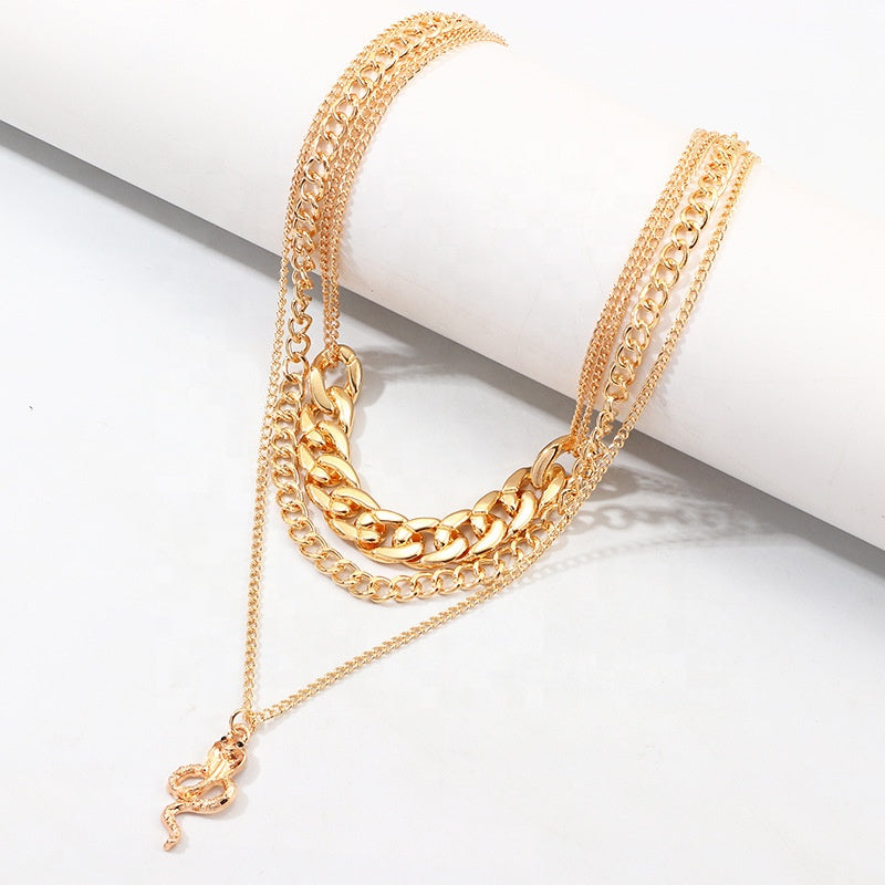 Trendy Chinese Style Alloy Snake Animal Necklace Jewelry Cuban Link Choker Layered Zodiac Snake Necklace
