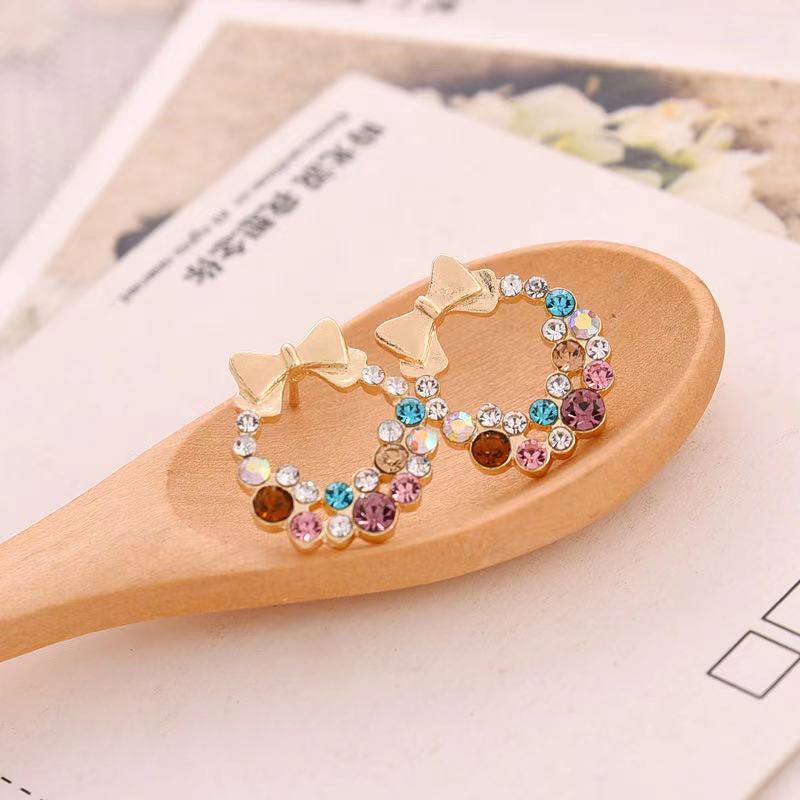 Mini dainty alloy gold plated summer earring jewellery trendy crystal rhinestone butterfly bowknot rainbow earrings for women