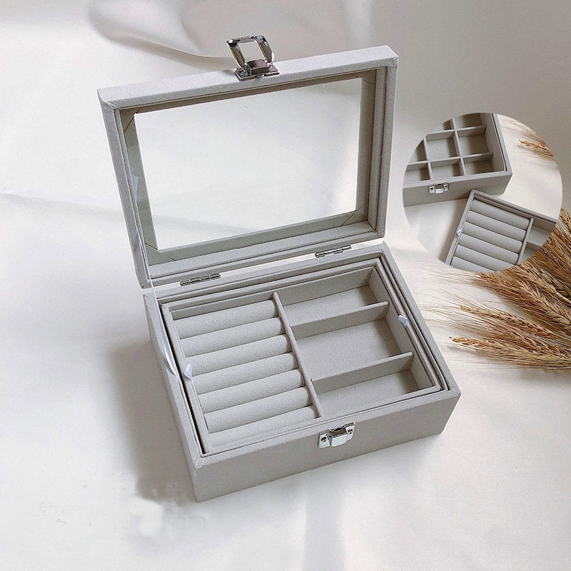 20*15*5cm Gray Velvet Flannelette Glass Acrylic Tray with lid Necklace Earring Ring Showcase Storage Organizer Box Jewellery Display Tray