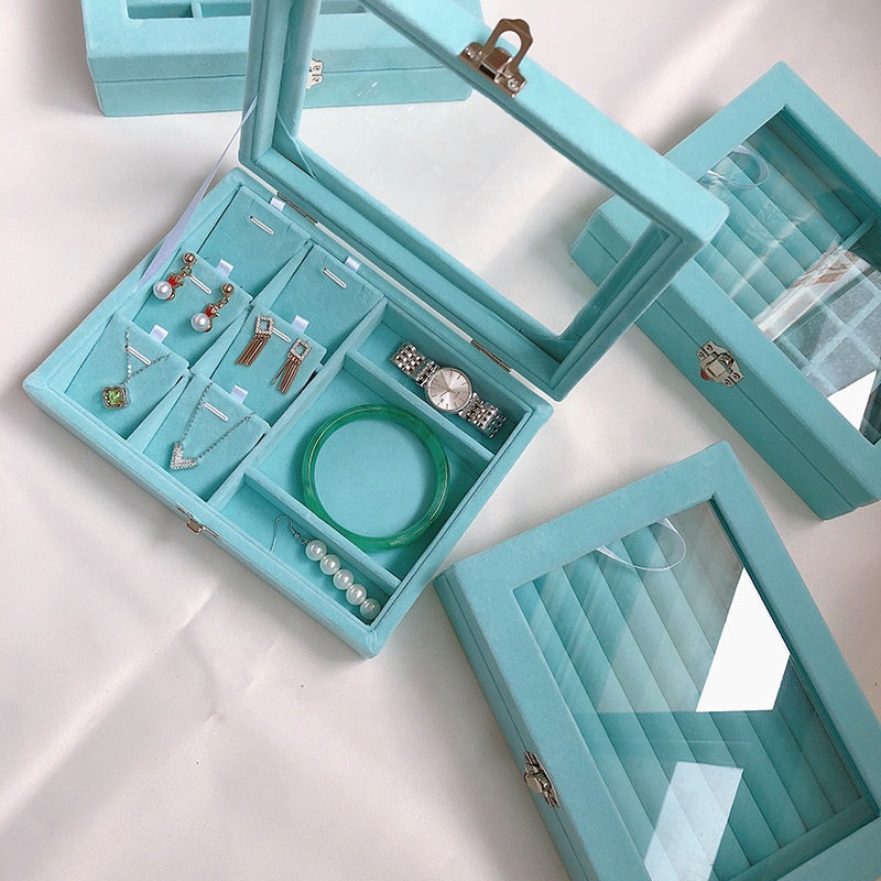 Blue Wood Velvet Watch Bangle Necklace Ring Earring Storage Case jewellery box Organizer Tray with glass lid