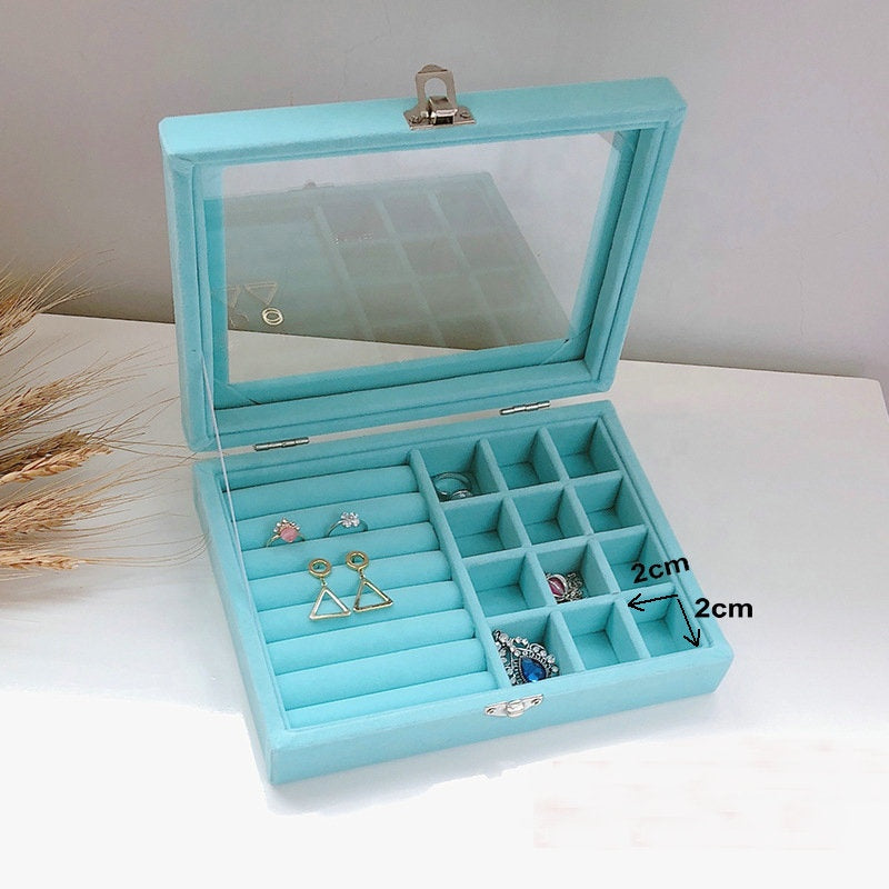 Blue Wood Velvet Watch Bangle Necklace Ring Earring Storage Case jewellery box Organizer Tray with glass lid