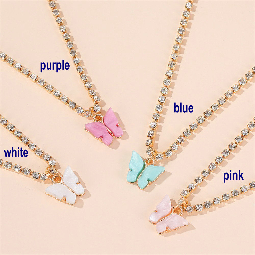 White Purple Blue Pink Butterfly Crystal Rhinestone Engraved Tennis Chain Charm Necklace Butterfly