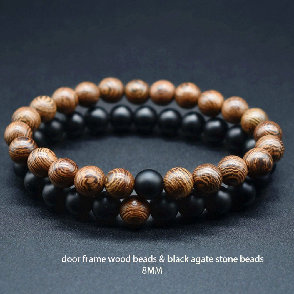 customizable 8mm round ball wood and gem black agate howlite stone beads bangle bracelet couple men women oem