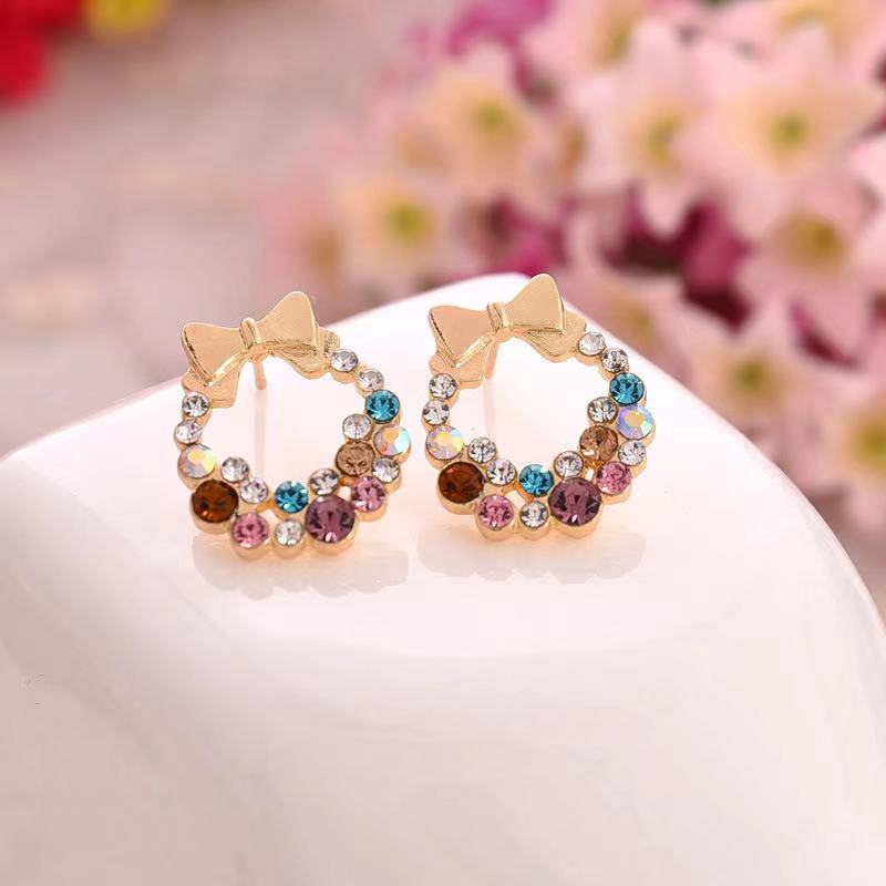 Mini dainty alloy gold plated summer earring jewellery trendy crystal rhinestone butterfly bowknot rainbow earrings for women
