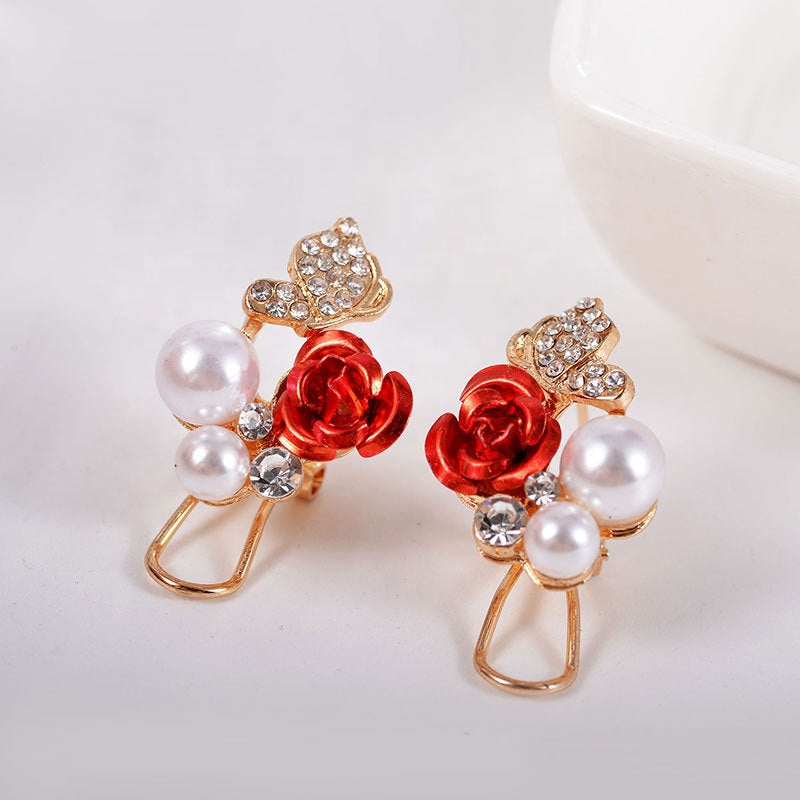 Rose Shape Pearl Crystal Zircon Butterfly Earring Camellia Flower Ear Stud Women Earring Jewelry