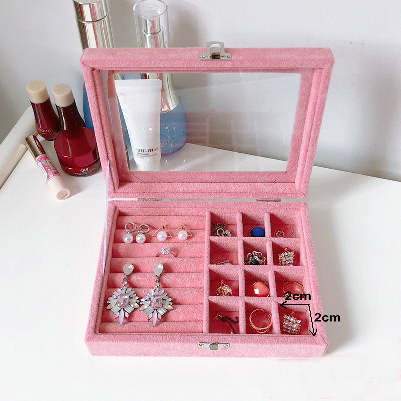 Pink Velvet jewelry tray with lid Luxury Wood Ring Earring Storage Case Display Box Organizer