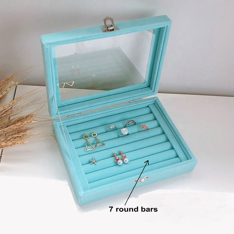 Blue Wood Velvet Watch Bangle Necklace Ring Earring Storage Case jewellery box Organizer Tray with glass lid