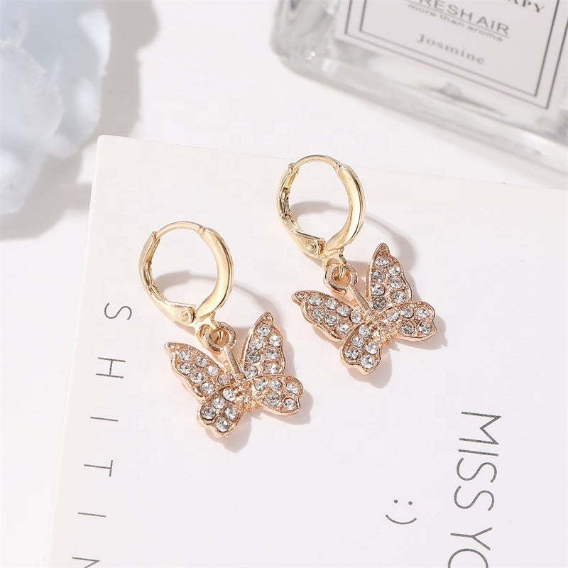 Korea trendy fashion crystal rhinestone butterfly earring jewelry gold color butterfly huggie hoop earrings