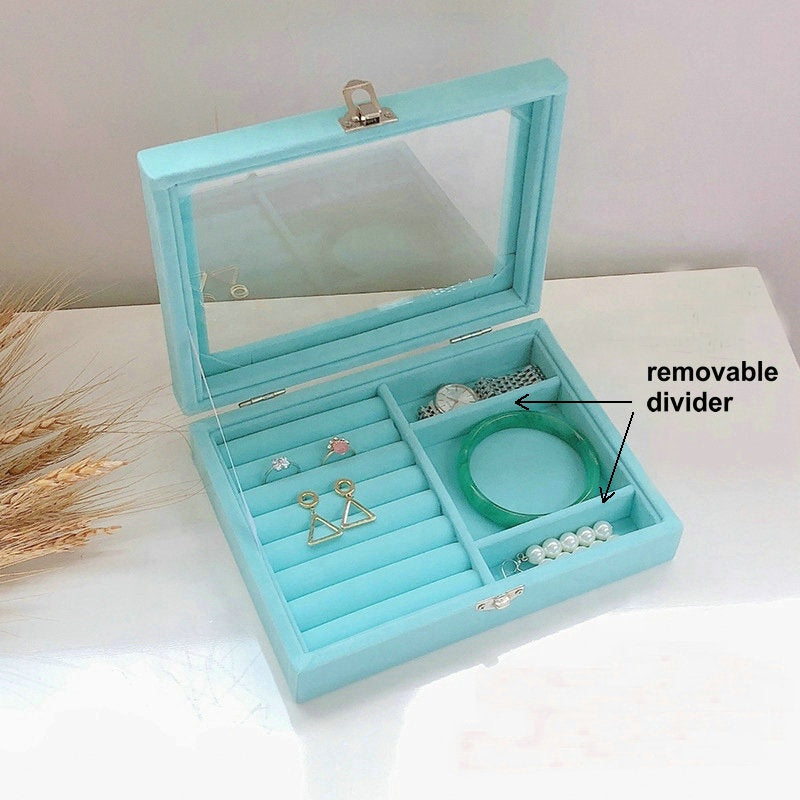 Blue Wood Velvet Watch Bangle Necklace Ring Earring Storage Case jewellery box Organizer Tray with glass lid