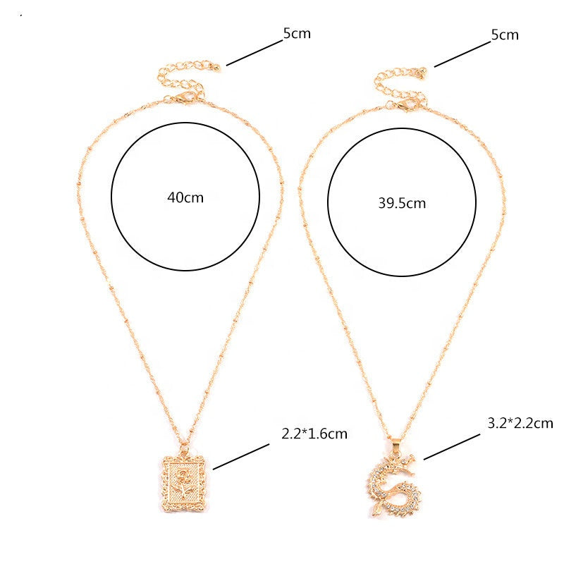 Vintage Alloy Jewelry Necklace Animal Crystal Rhinestone Rose Coin Pendant Multi layered Zodiac Gold Dragon Necklace