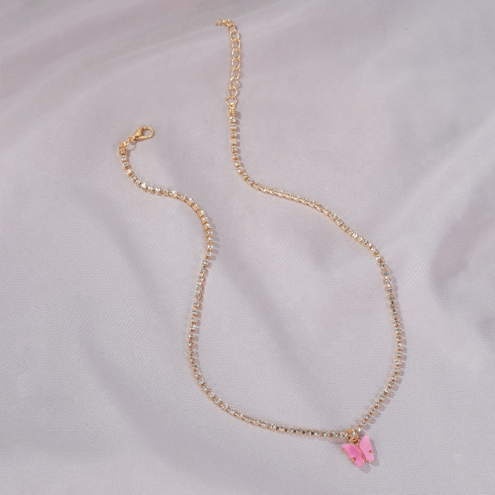 White Purple Blue Pink Butterfly Crystal Rhinestone Engraved Tennis Chain Charm Necklace Butterfly