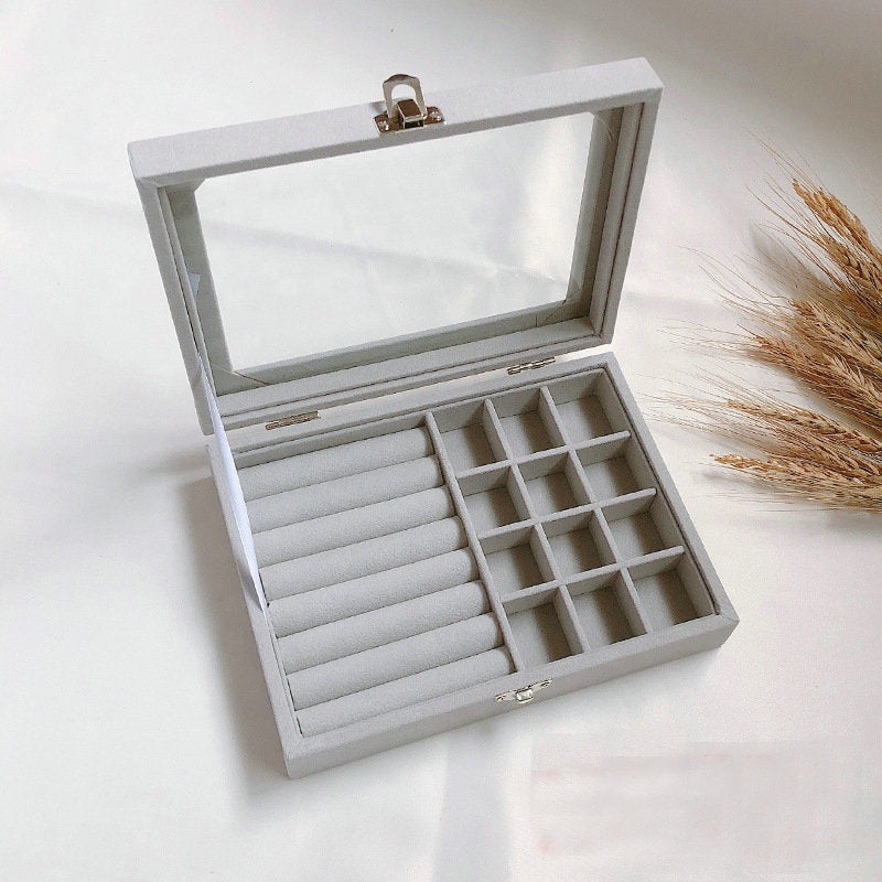 20*15*5cm Gray Velvet Flannelette Glass Acrylic Tray with lid Necklace Earring Ring Showcase Storage Organizer Box Jewellery Display Tray