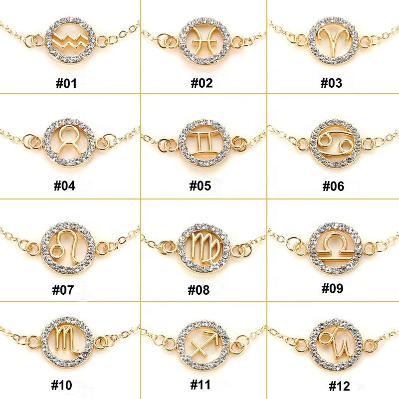 Fashion Adjustable Alloy Hollow Bracelet Jewelry Diamond Crystal Rhinestone Twelve Constellation Gold Zodiac Signs Woman Bracelet
