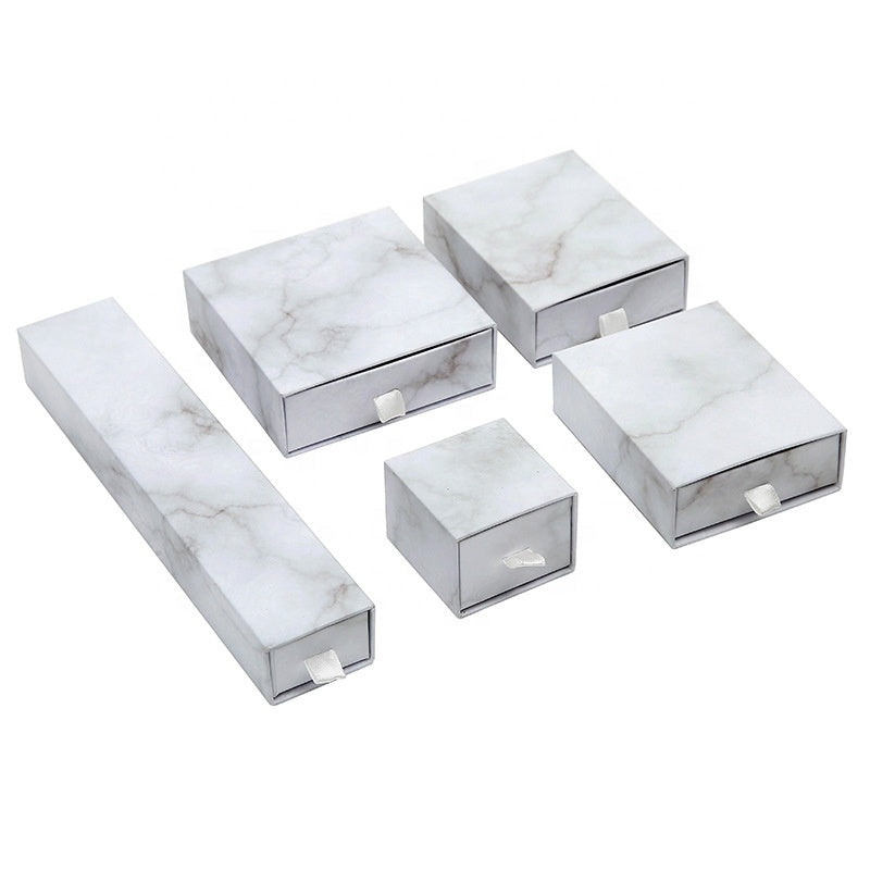 MOQ 10pcs eco friendly white paper slide out drawer luxury marble gift box earring necklace jewelry packaging