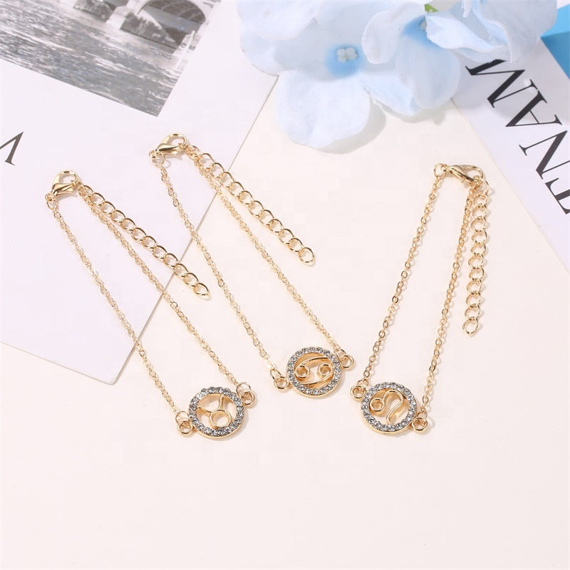Fashion Adjustable Alloy Hollow Bracelet Jewelry Diamond Crystal Rhinestone Twelve Constellation Gold Zodiac Signs Woman Bracelet