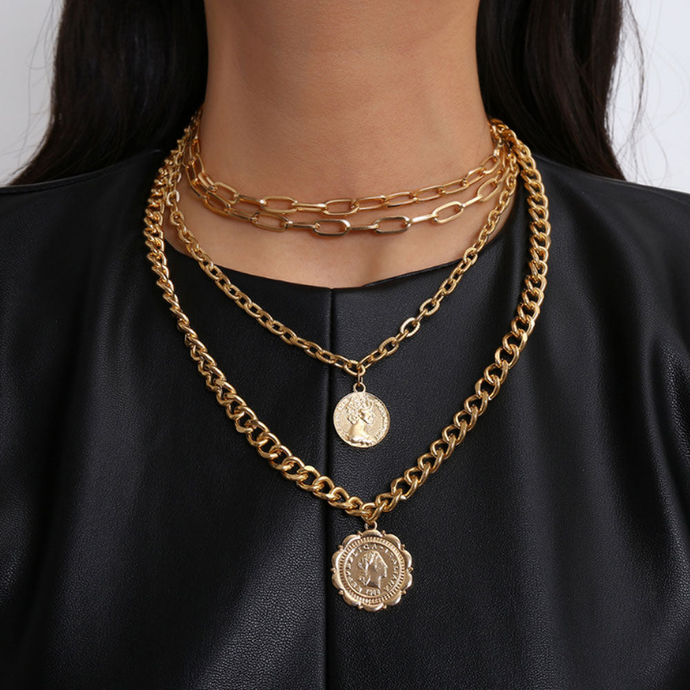 hip hop zinc alloy gold color chunky multi layered choker gypsy coin medaglia necklaces jewelry women