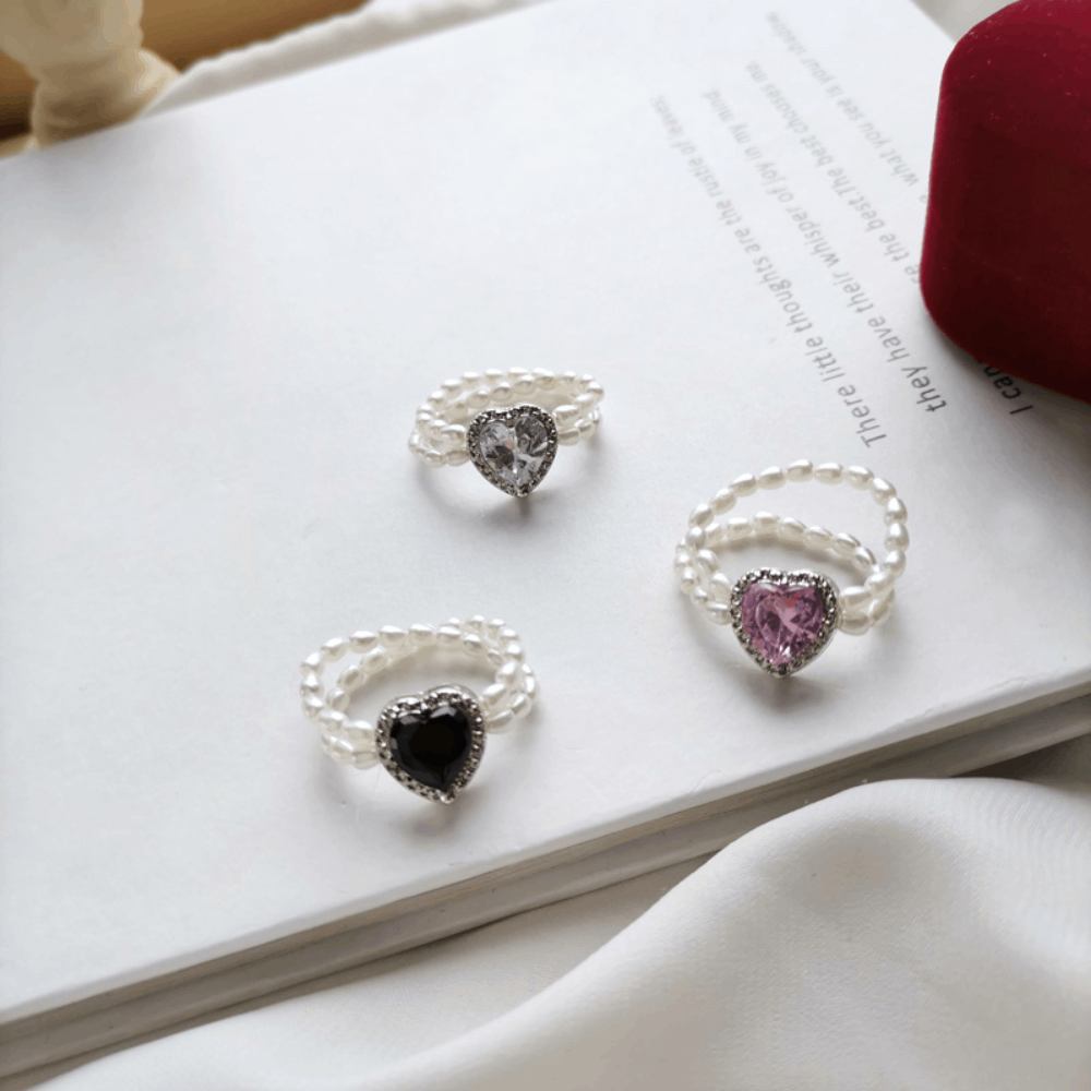 handmade elastic artificial pearl beads beaded resizable black heart charm dome finger ring jewelry rings