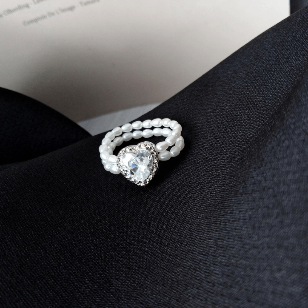 handmade elastic artificial pearl beads beaded resizable black heart charm dome finger ring jewelry rings