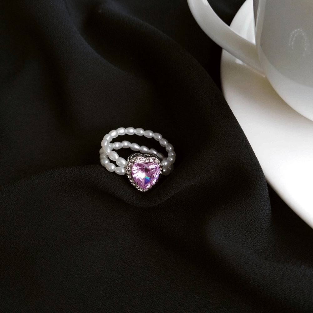 handmade elastic artificial pearl beads beaded resizable black heart charm dome finger ring jewelry rings