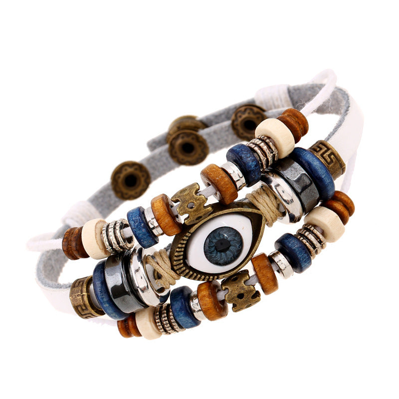 Fashion leather design multi layers evil eyes boho charm good luck bracelet unisex men jewelry China Supplier Manufacturer