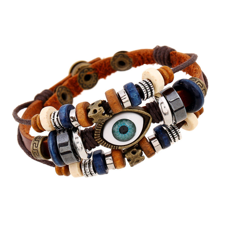 Fashion leather design multi layers evil eyes boho charm good luck bracelet unisex men jewelry China Supplier Manufacturer