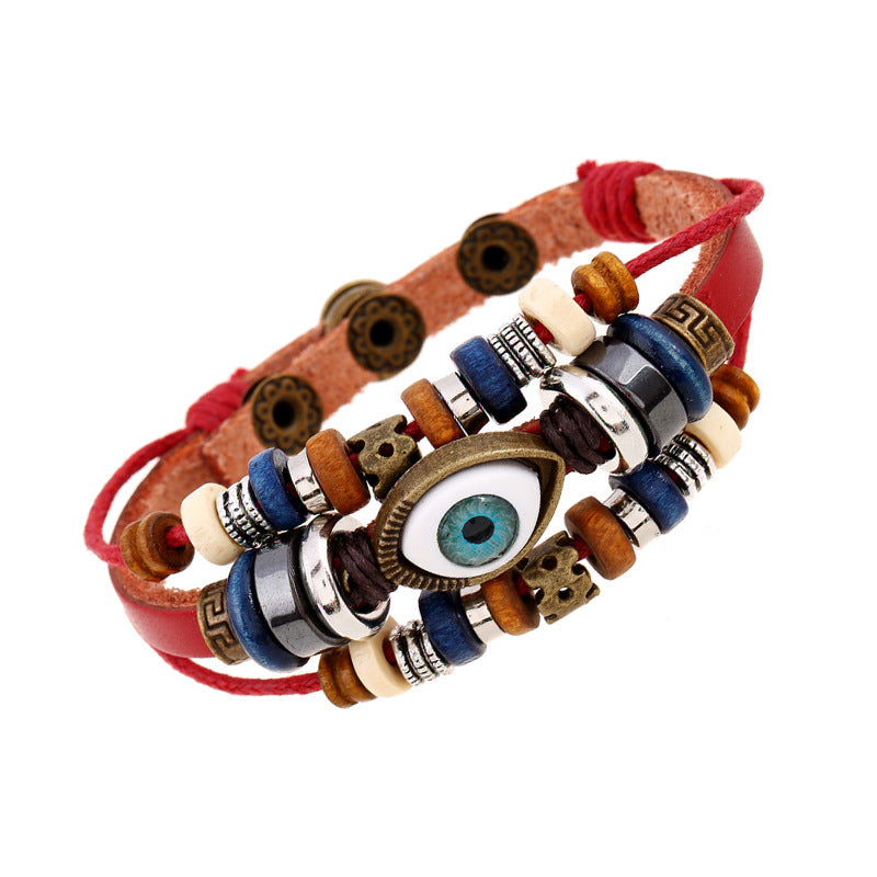 Fashion leather design multi layers evil eyes boho charm good luck bracelet unisex men jewelry China Supplier Manufacturer