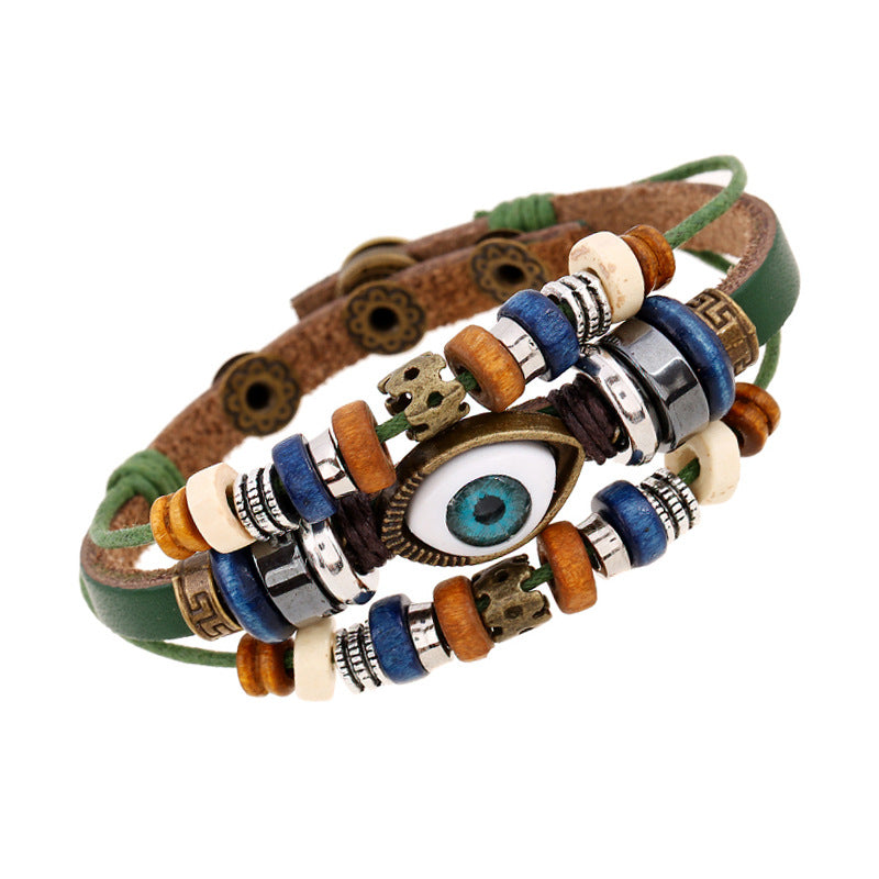 Fashion leather design multi layers evil eyes boho charm good luck bracelet unisex men jewelry China Supplier Manufacturer