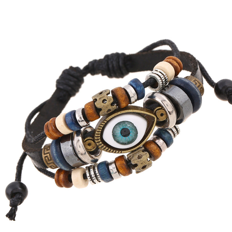 Fashion leather design multi layers evil eyes boho charm good luck bracelet unisex men jewelry China Supplier Manufacturer