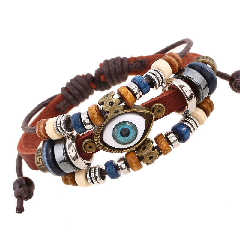 Fashion leather design multi layers evil eyes boho charm good luck bracelet unisex men jewelry China Supplier Manufacturer