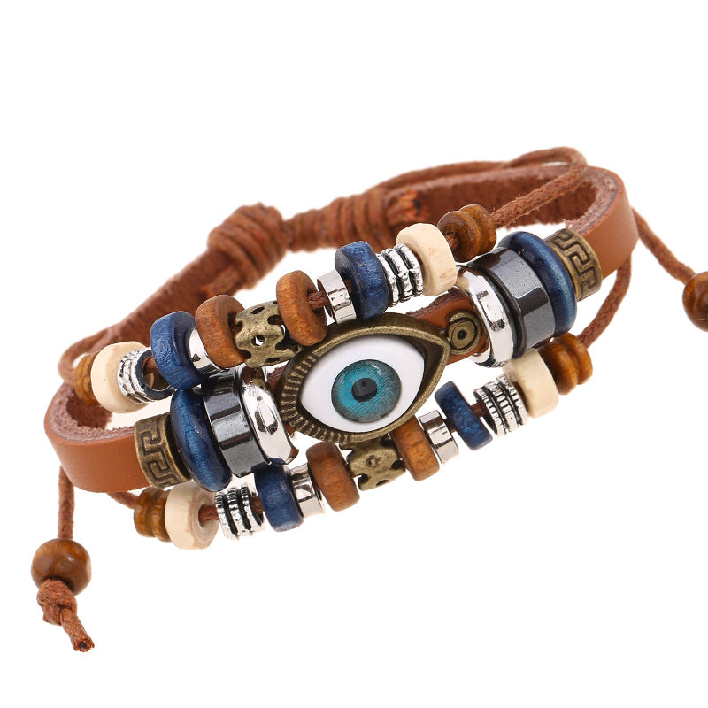 Fashion leather design multi layers evil eyes boho charm good luck bracelet unisex men jewelry China Supplier Manufacturer