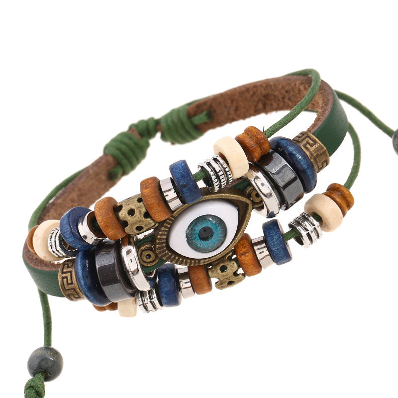 Fashion leather design multi layers evil eyes boho charm good luck bracelet unisex men jewelry China Supplier Manufacturer