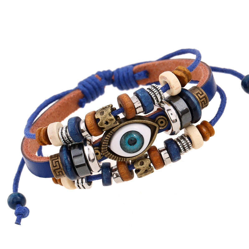 Fashion leather design multi layers evil eyes boho charm good luck bracelet unisex men jewelry China Supplier Manufacturer