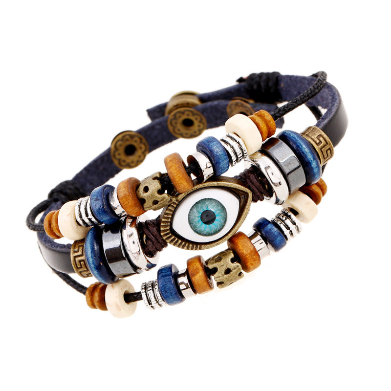 Fashion leather design multi layers evil eyes boho charm good luck bracelet unisex men jewelry China Supplier Manufacturer