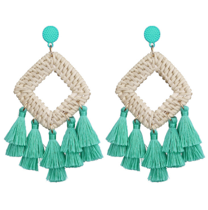 Fabric Tassel Rattan Earrings OEM Handmade Jewelry