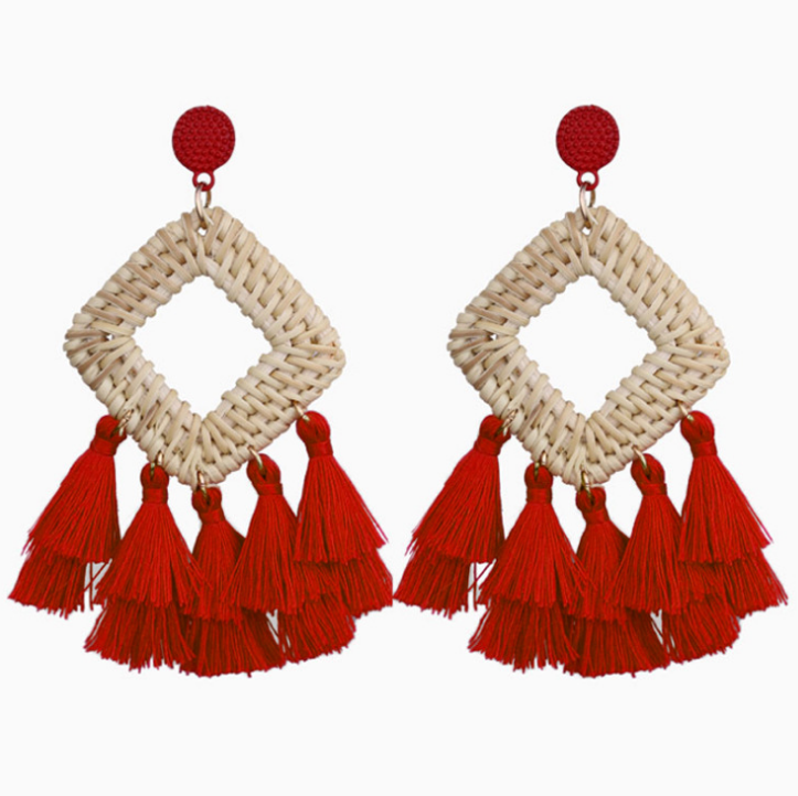 Fabric Tassel Rattan Earrings OEM Handmade Jewelry