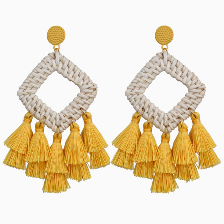 Fabric Tassel Rattan Earrings OEM Handmade Jewelry