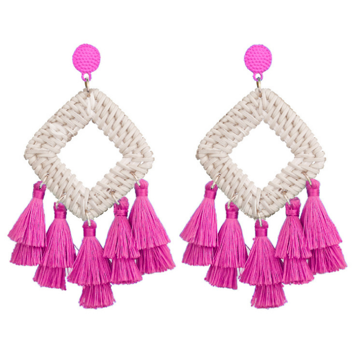 Fabric Tassel Rattan Earrings OEM Handmade Jewelry